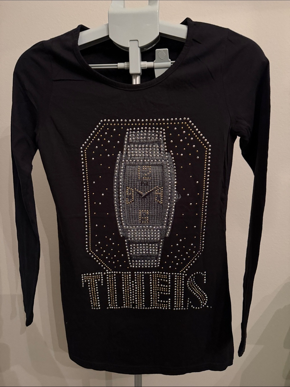 POL Black Long Sleeve Tee with Silver and Gold Stud Watch Design